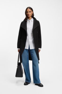 Manteau crois&eacute; en laine m&eacute;lang&eacute;e, Noir