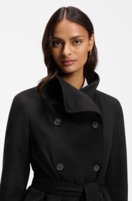 Manteau crois&eacute; en laine m&eacute;lang&eacute;e, Noir