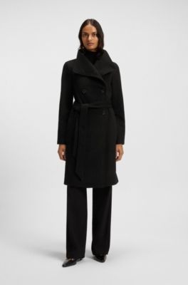 Manteau crois&eacute; en laine m&eacute;lang&eacute;e, Noir