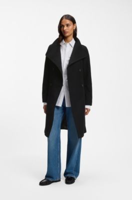 Manteau crois&eacute; en laine m&eacute;lang&eacute;e, Noir