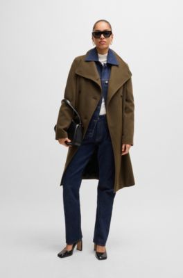 Manteau crois&eacute; en laine m&eacute;lang&eacute;e, Kaki