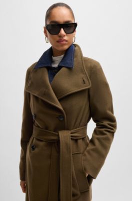 Manteau crois&eacute; en laine m&eacute;lang&eacute;e, Kaki