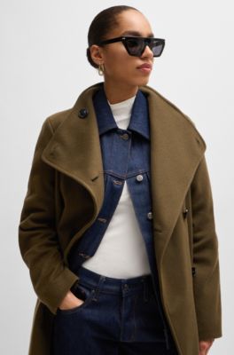 Manteau crois&eacute; en laine m&eacute;lang&eacute;e, Kaki
