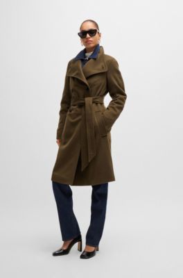 Manteau crois&eacute; en laine m&eacute;lang&eacute;e, Kaki