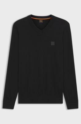 Trui met V-hals en logopatch van katoen met kasjmier, Zwart