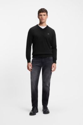 V-neck sweater in cotton and cashmere with logo patch, Black
