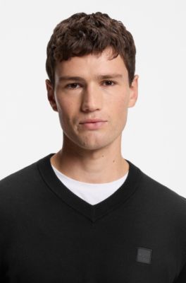 Maglione con scollo a V in cotone e cashmere con toppa con logo, Nero