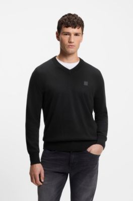 Maglione con scollo a V in cotone e cashmere con toppa con logo, Nero