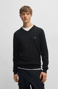 V-neck sweater in cotton and cashmere with logo patch, Black