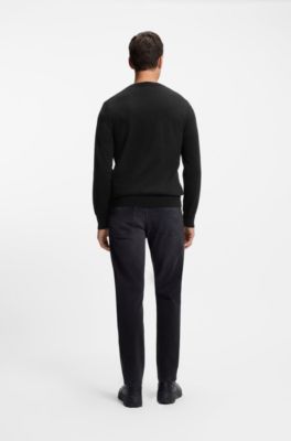Pullover mit V-Ausschnitt aus Baumwoll-Mix mit Kaschmir und Logo-Aufn&auml;her, Schwarz