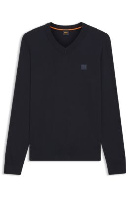 V-neck sweater in cotton and cashmere with logo patch, Dark Blue