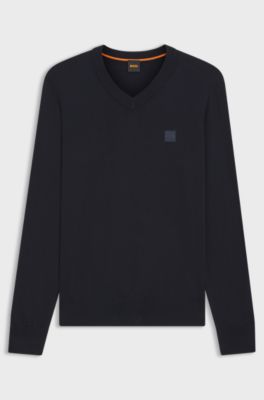 Pullover mit V-Ausschnitt aus Baumwoll-Mix mit Kaschmir und Logo-Aufn&auml;her, Dunkelblau