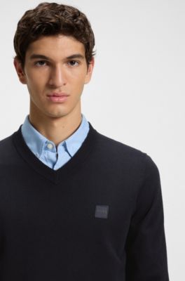 V-neck sweater in cotton and cashmere with logo patch, Dark Blue