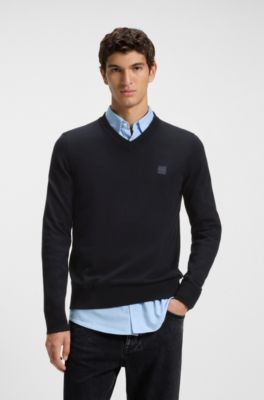 Sweater i bomuld og kashmir med V-hals og logom&aelig;rkat, M&oslash;rkebl&aring;