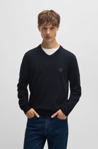 V-neck sweater in cotton and cashmere with logo patch, Dark Blue