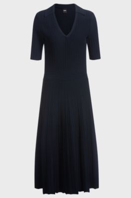 V-neck dress with ribbed structure, Dark Blue
