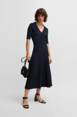 V-neck dress with ribbed structure, Dark Blue