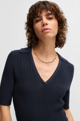 V-neck dress with ribbed structure, Dark Blue