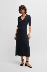 V-neck dress with ribbed structure, Dark Blue