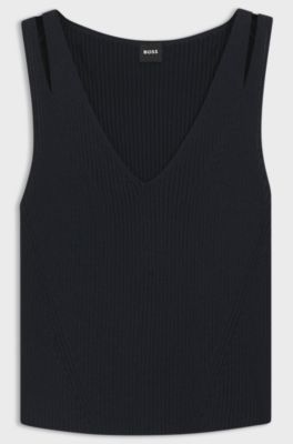 Sleeveless knitted top with V neckline, Dark Blue