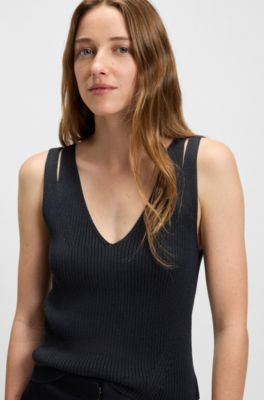 Sleeveless knitted top with V neckline, Dark Blue