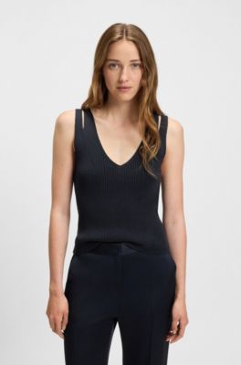 Sleeveless knitted top with V neckline, Dark Blue