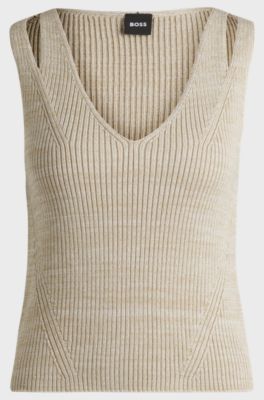 Sleeveless knitted top with V neckline, Light Beige