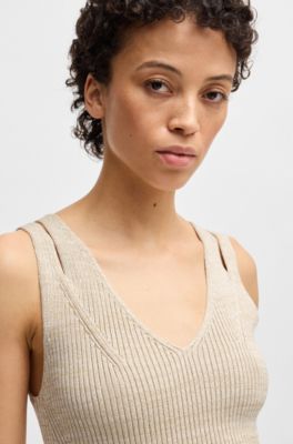 Sleeveless knitted top with V neckline, Light Beige