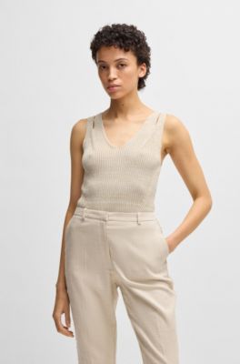 Sleeveless knitted top with V neckline, Light Beige