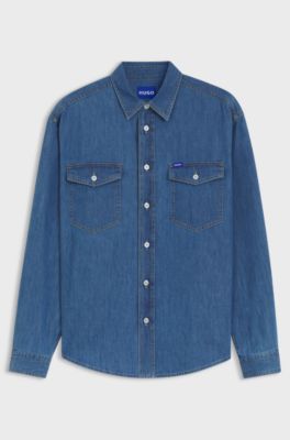 Loose-fit shirt in blue cotton denim, Blue