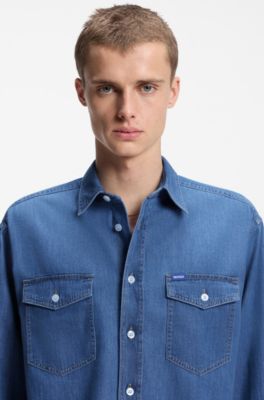 Loose-fit shirt in blue cotton denim, Blue