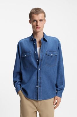 Loose-fit shirt in blue cotton denim, Blue