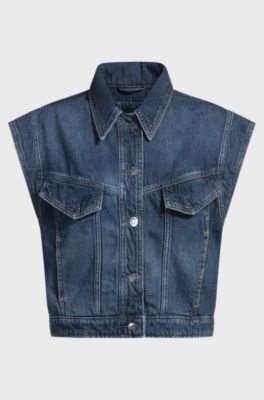 Boxy sleeveless jacket in indigo denim, Blue