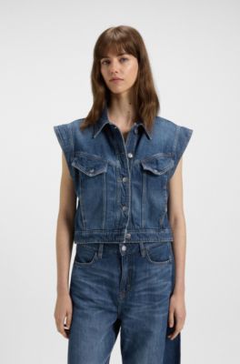 Boxy sleeveless jacket in indigo denim, Blue