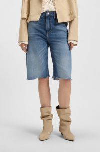 Knielange denim short met onafgewerkte zoom, Blauw