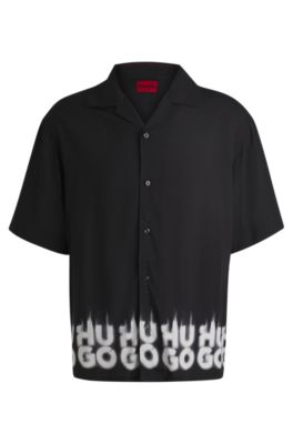 HUGO - Oversized-fit shirt with smoke logo-print hem - Black