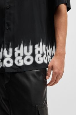 HUGO - Oversized-fit shirt with smoke logo-print hem - Black