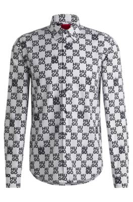 Hugo Slim-fit Shirt In Seasonal-print Cotton Poplin In White