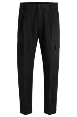 Tapered-fit trousers in striped brushed cotton, Dark Grey