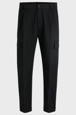 Tapered-fit trousers in striped brushed cotton, Dark Grey