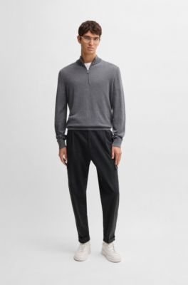 Tapered-fit trousers in striped brushed cotton, Dark Grey