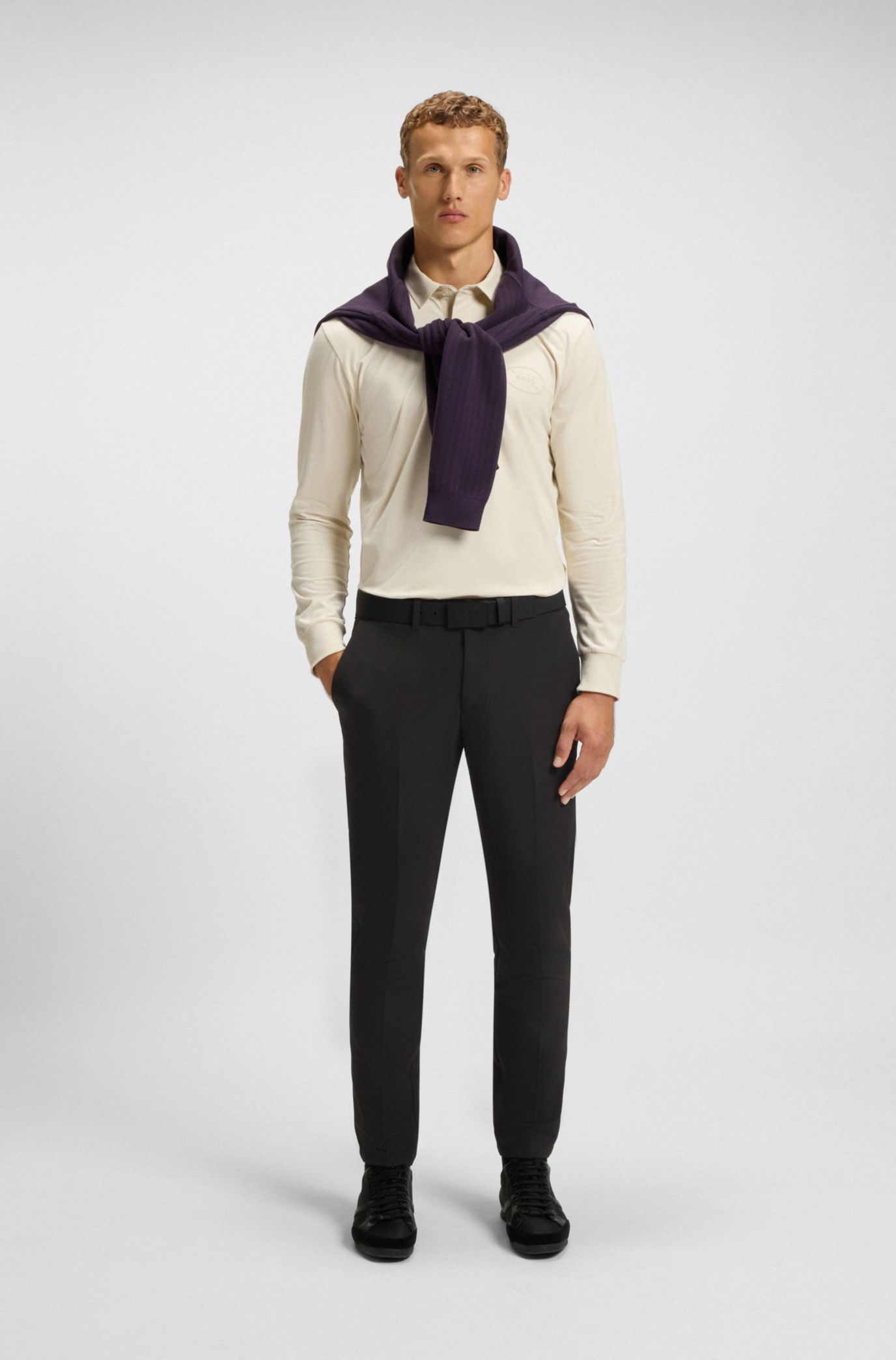 Slim-fit trousers in water-repellent stretch fabric, Black