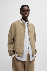 Ribbed-trim bomber jacket in suede, Brown