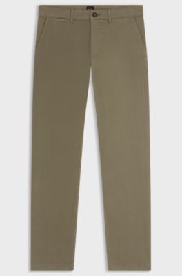 Regular-fit chinos in stretch-cotton satin, Khaki