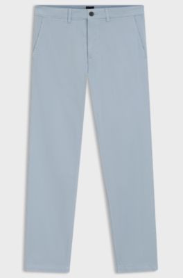Pantaloni regular fit in satin di cotone elasticizzato, Celeste