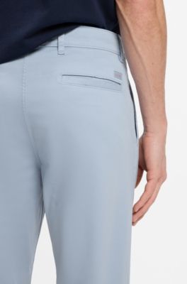 Pantaloni regular fit in satin di cotone elasticizzato, Celeste