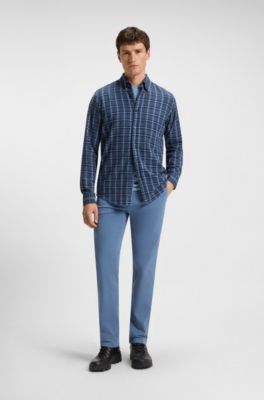 Pantalones regular fit de sat&eacute;n de algod&oacute;n el&aacute;stico, Azul