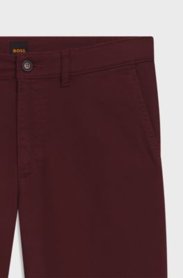 Pantalones regular fit de sat&eacute;n de algod&oacute;n el&aacute;stico, Rojo oscuro