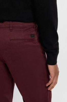 Pantalones regular fit de sat&eacute;n de algod&oacute;n el&aacute;stico, Rojo oscuro