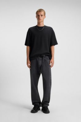 Cotton-jersey T-shirt with blue logo patch, Black